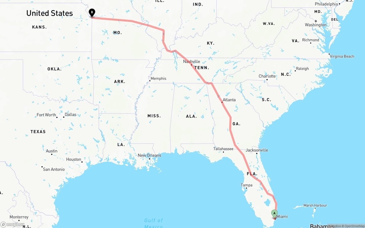 Shipping route from Miami International Airport to Kansas City