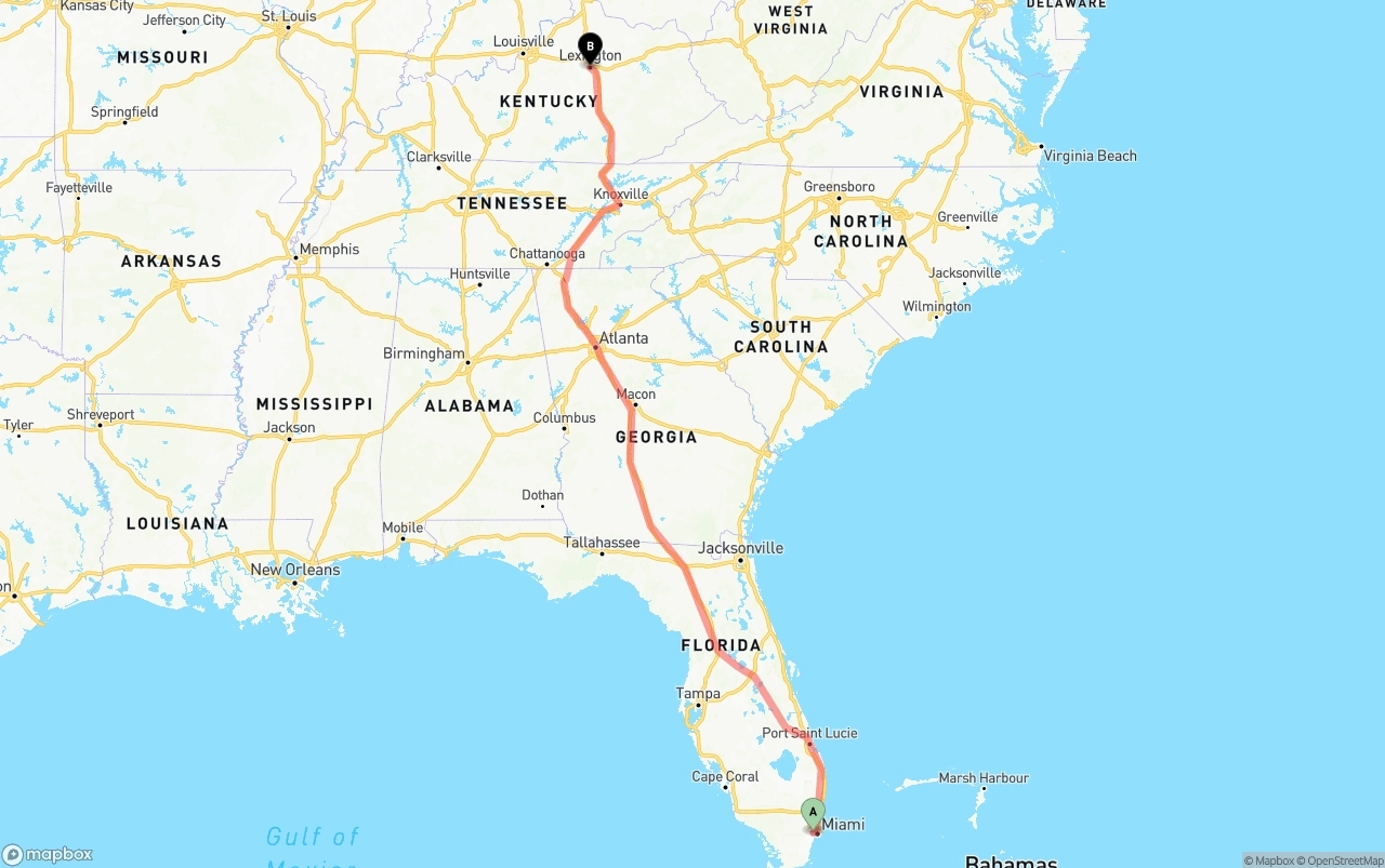 Shipping route from Miami International Airport to Lexington