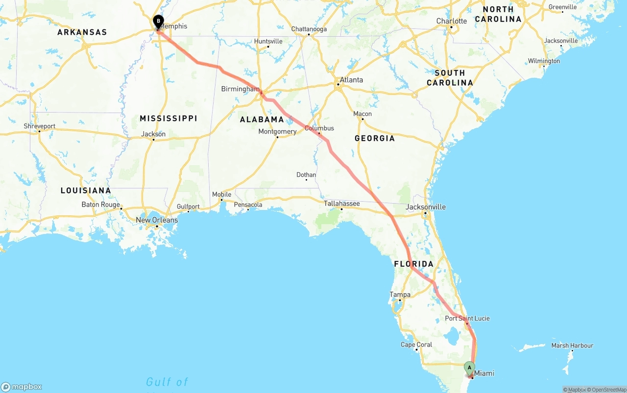 Shipping route from Miami International Airport to Memphis