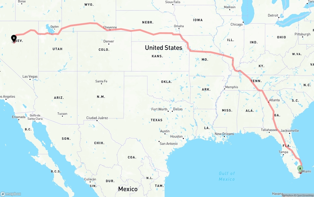 Shipping route from Miami International Airport to Nevada
