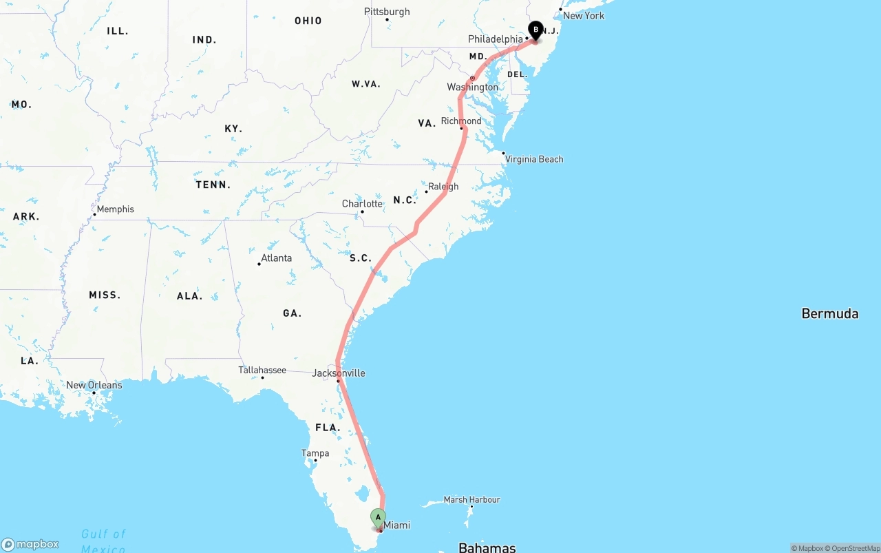 Shipping route from Miami International Airport to New Jersey