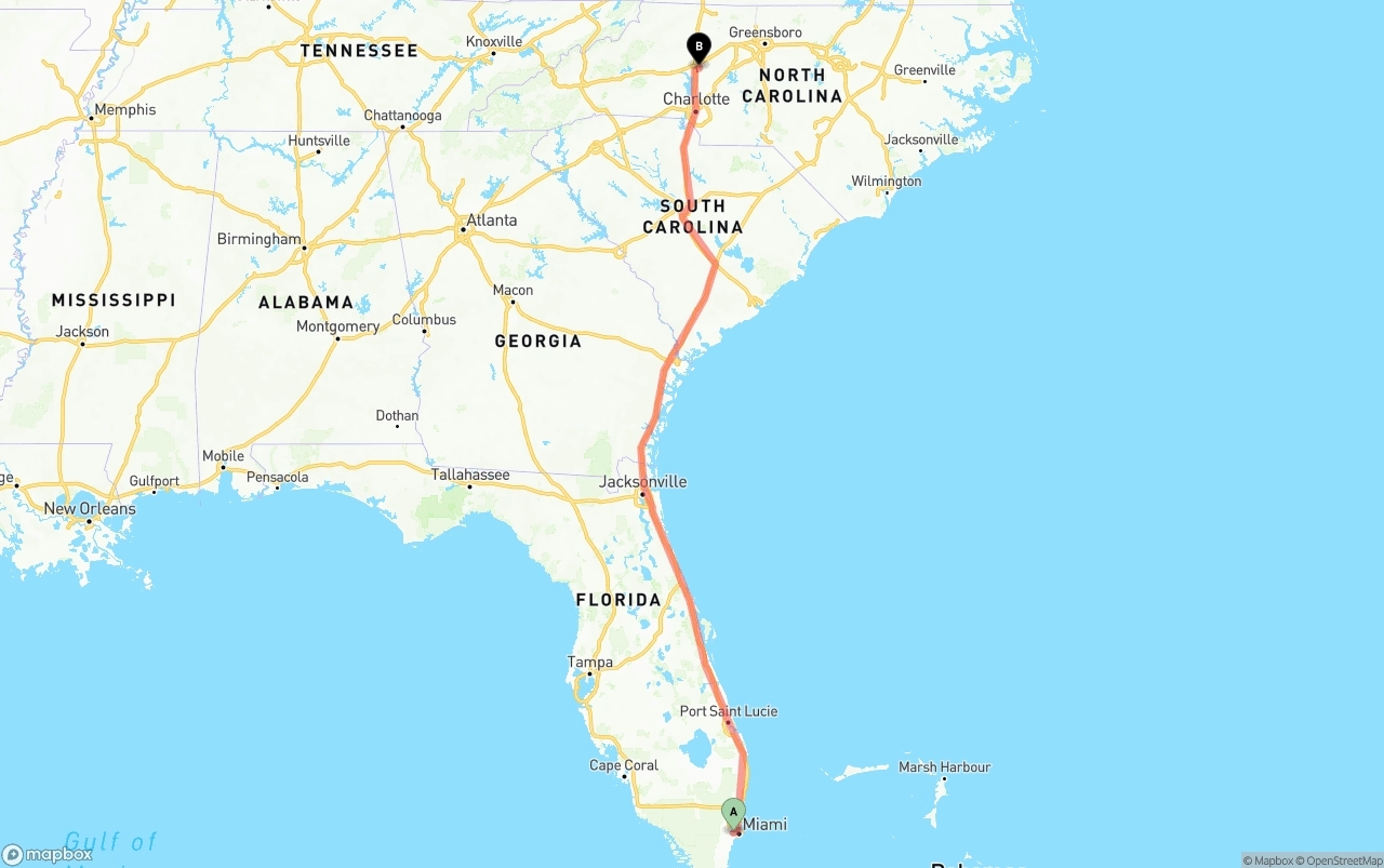 Shipping route from Miami International Airport to North Carolina