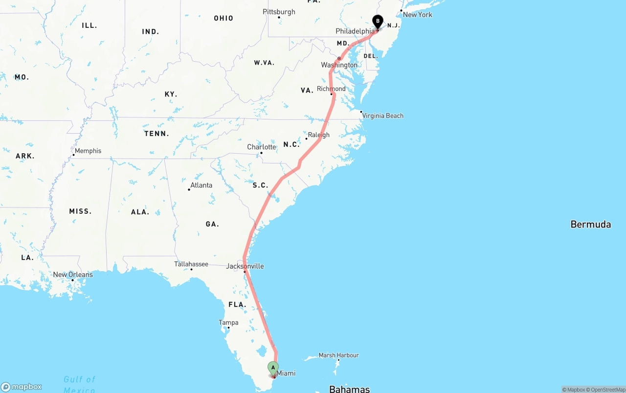 Shipping route from Miami International Airport to Philadelphia