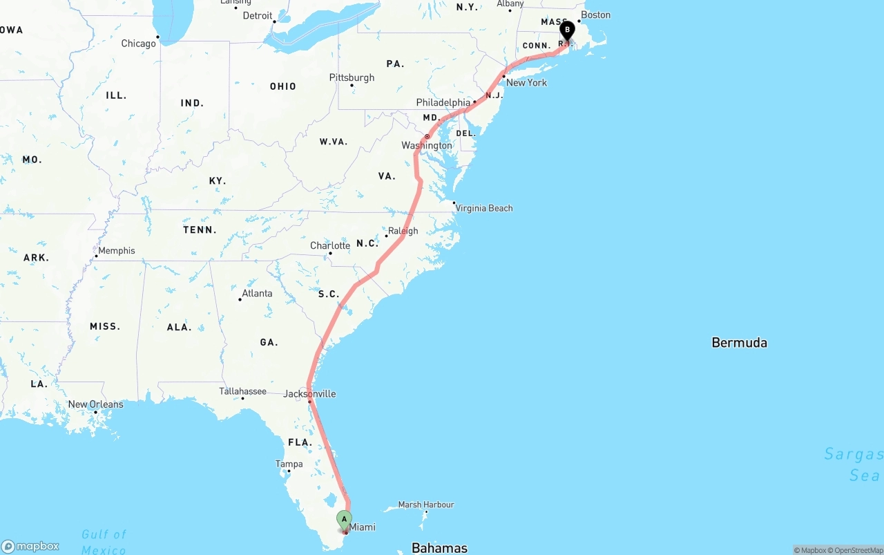 Shipping route from Miami International Airport to Rhode Island