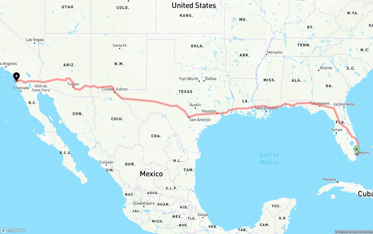 Shipping route from Miami International Airport to San Diego