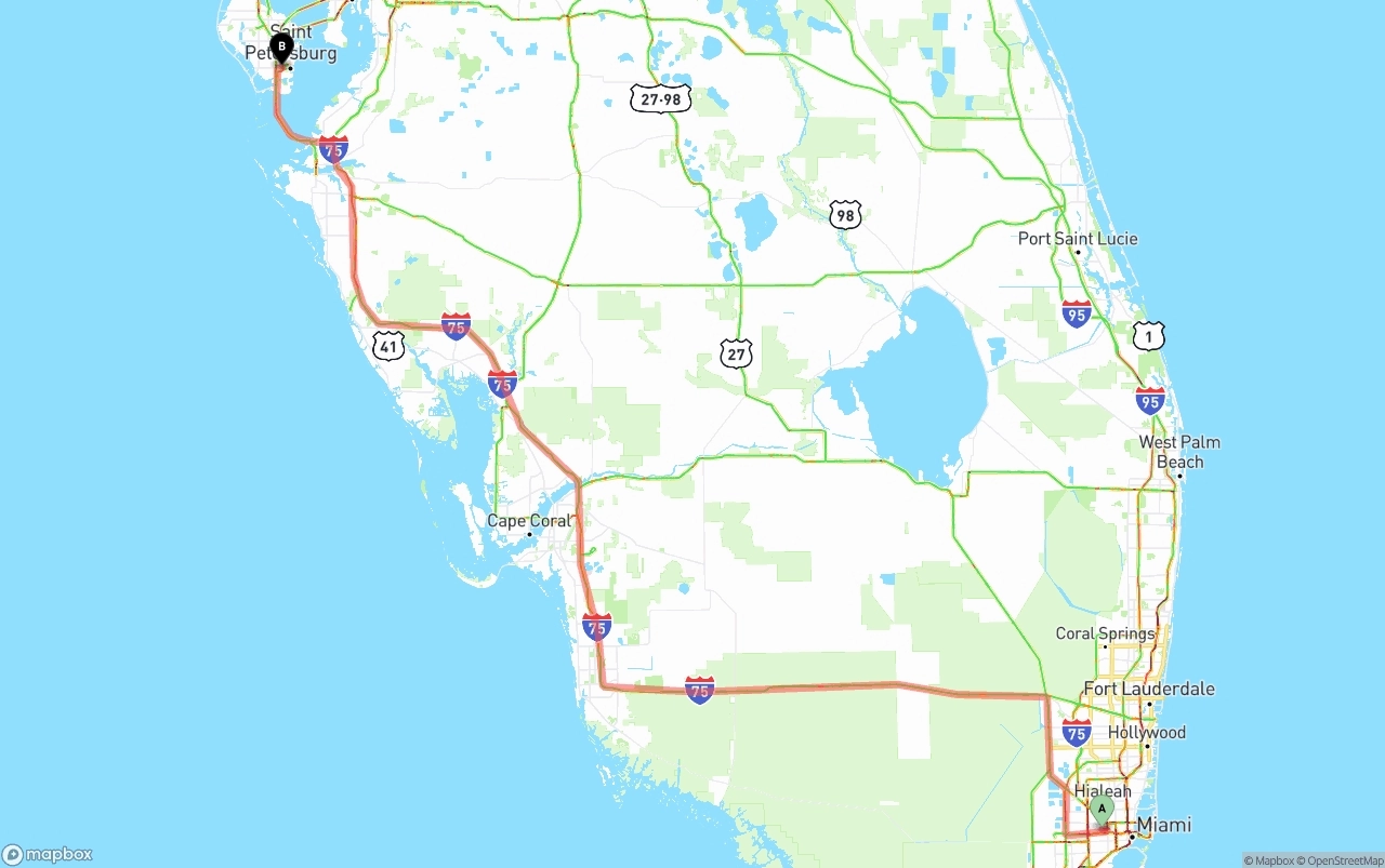 Shipping route from Miami International Airport to St. Petersburg
