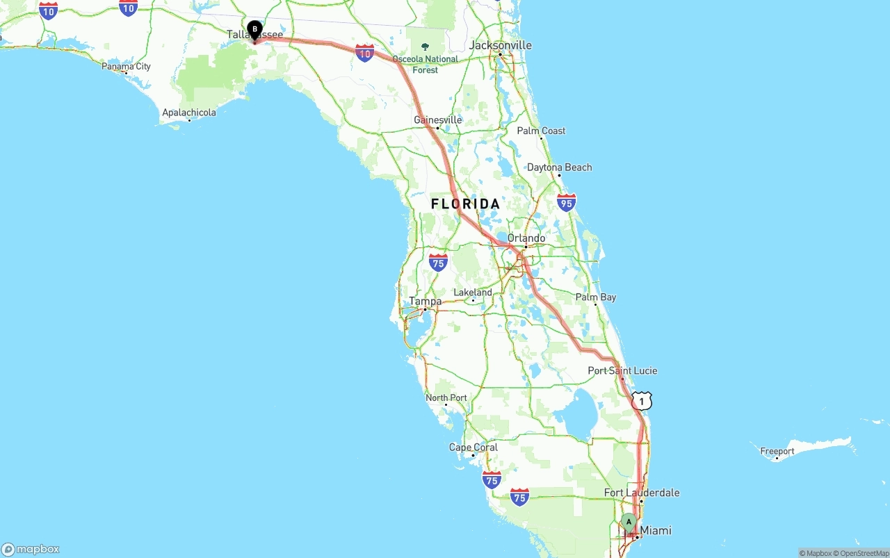 Shipping route from Miami International Airport to Tallahassee