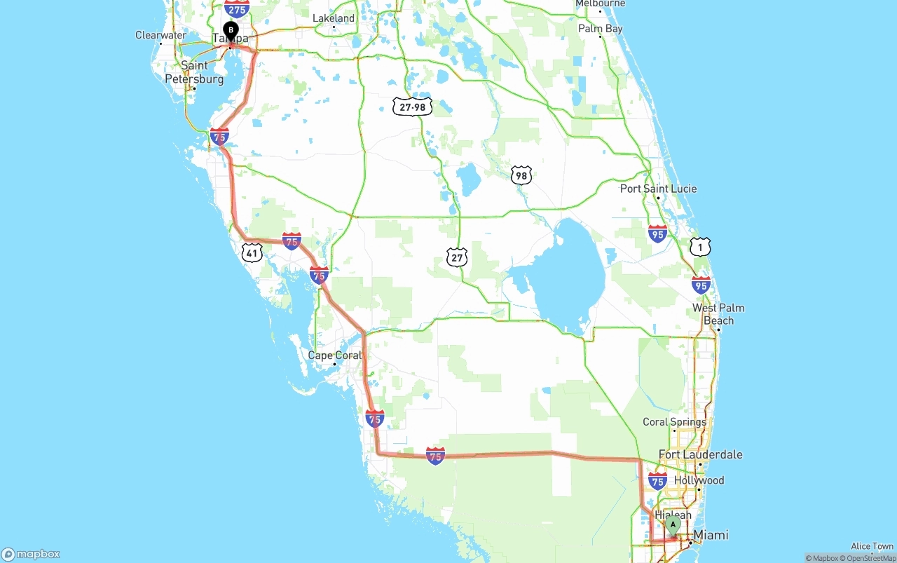 Shipping route from Miami International Airport to Tampa