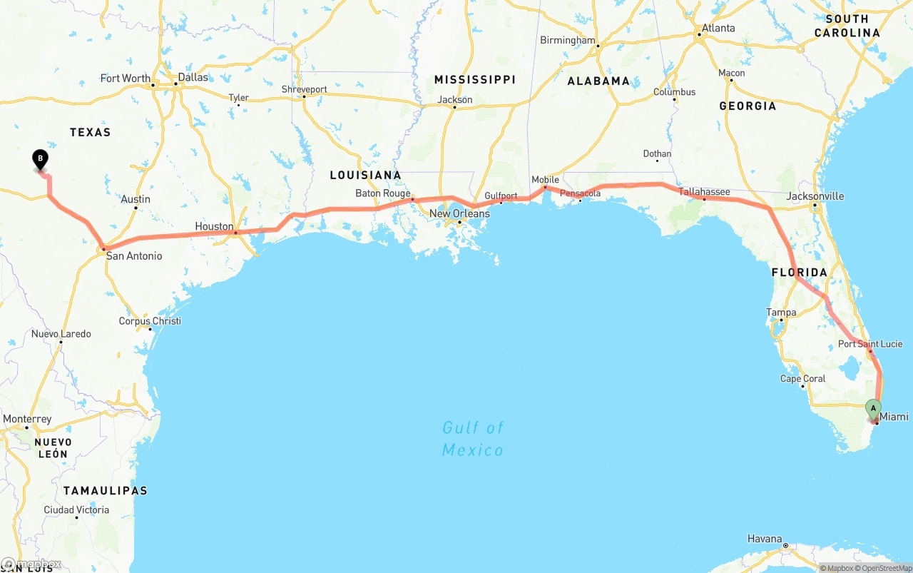 Shipping route from Miami International Airport to Texas