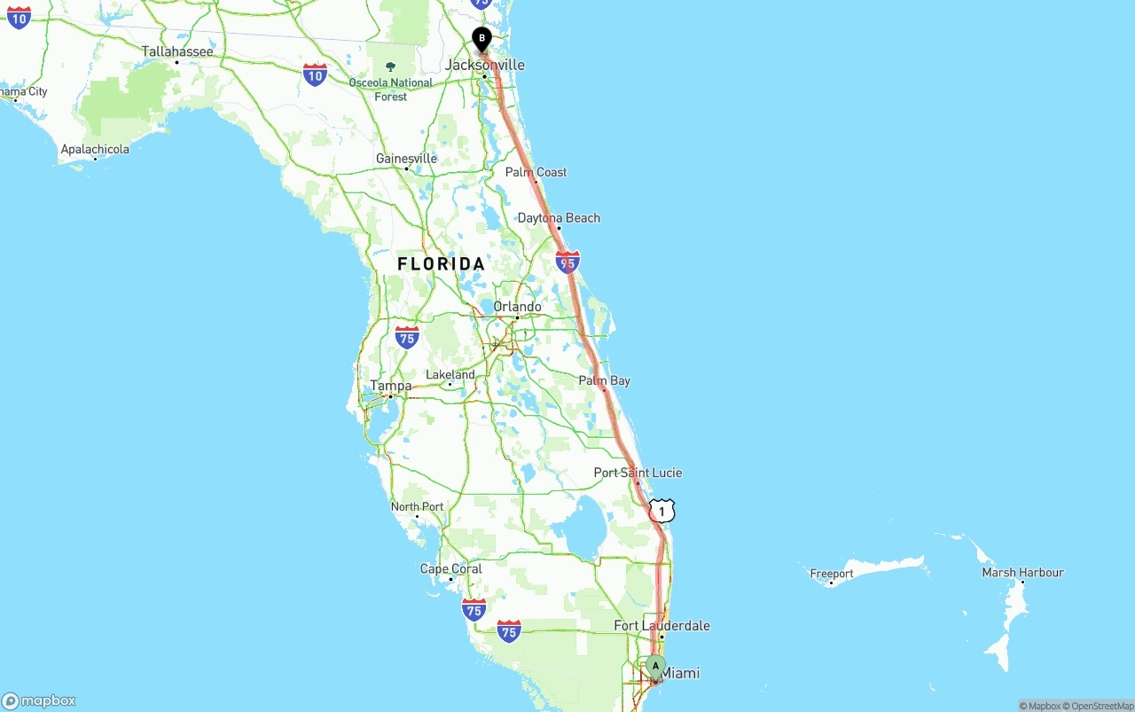 Shipping route from Miami to Jacksonville International Airport