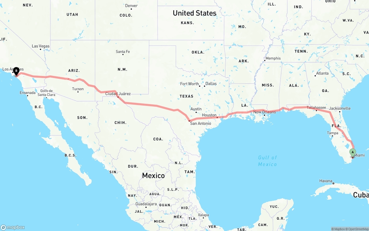 Shipping route from Miami to John Wayne Airport — Orange County