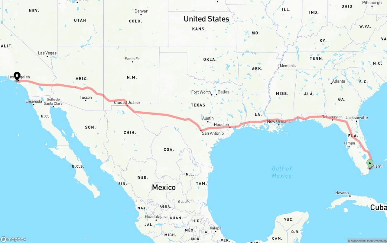 Shipping route from Miami to Los Angeles International Airport
