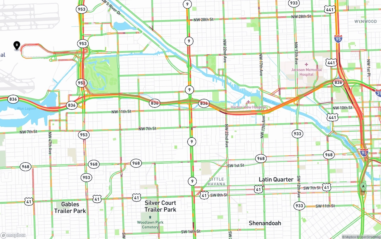 Shipping route from Miami to Miami International Airport