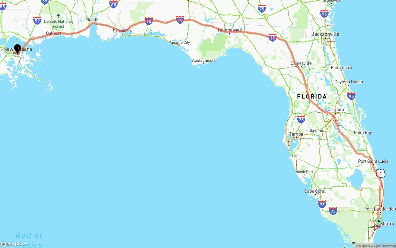 Shipping route from Miami to New Orleans