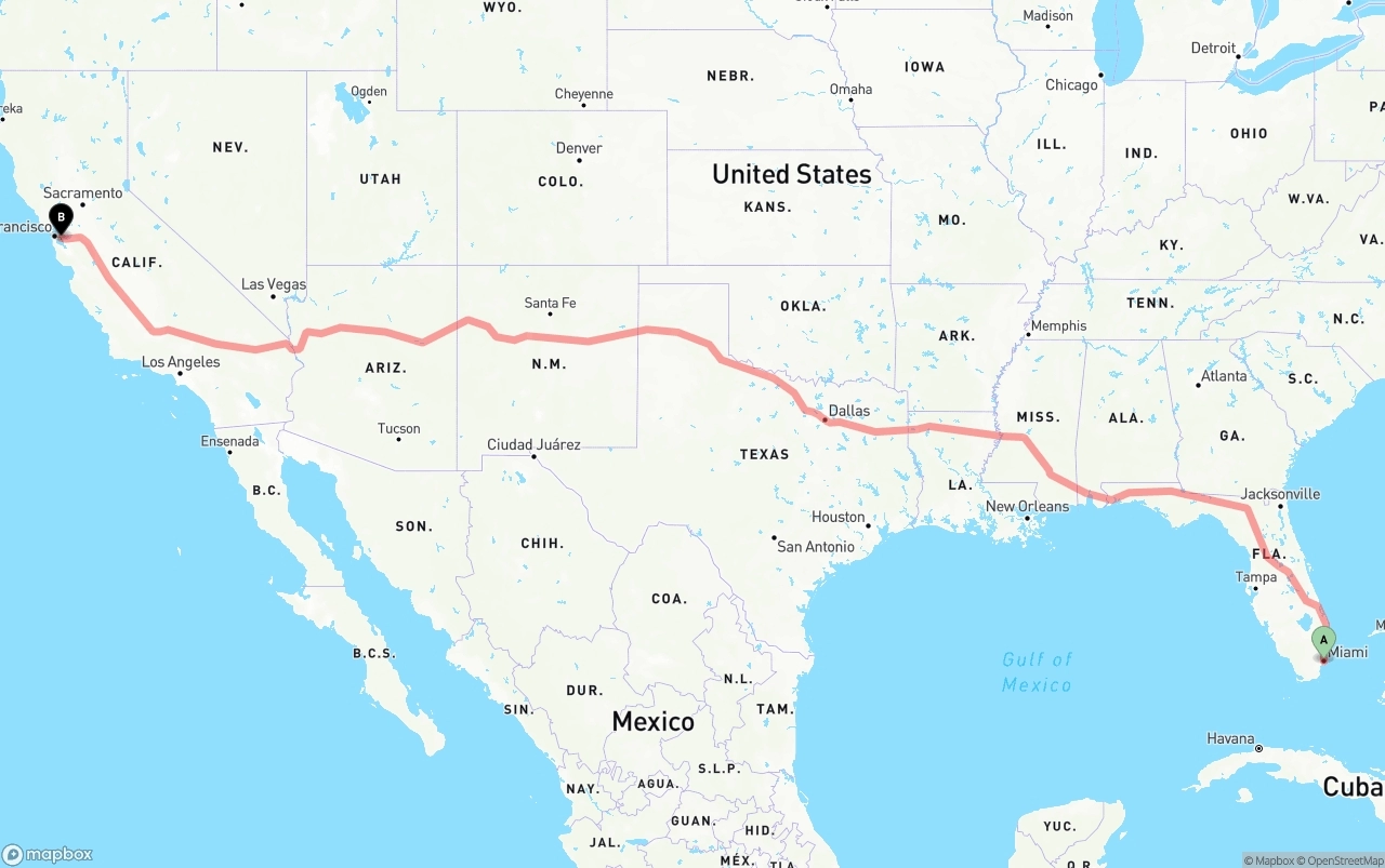 Shipping route from Miami to Oakland International Airport