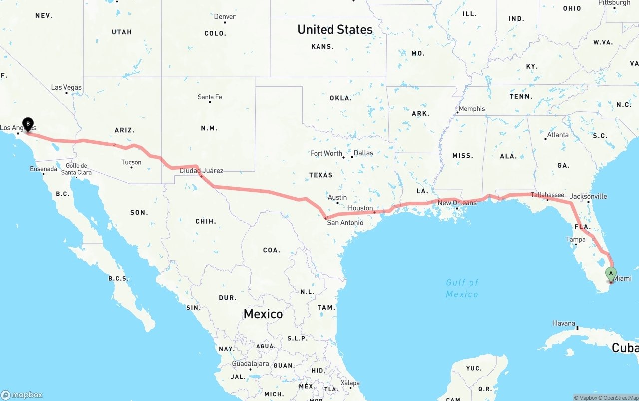 Shipping route from Miami to Ontario International Airport