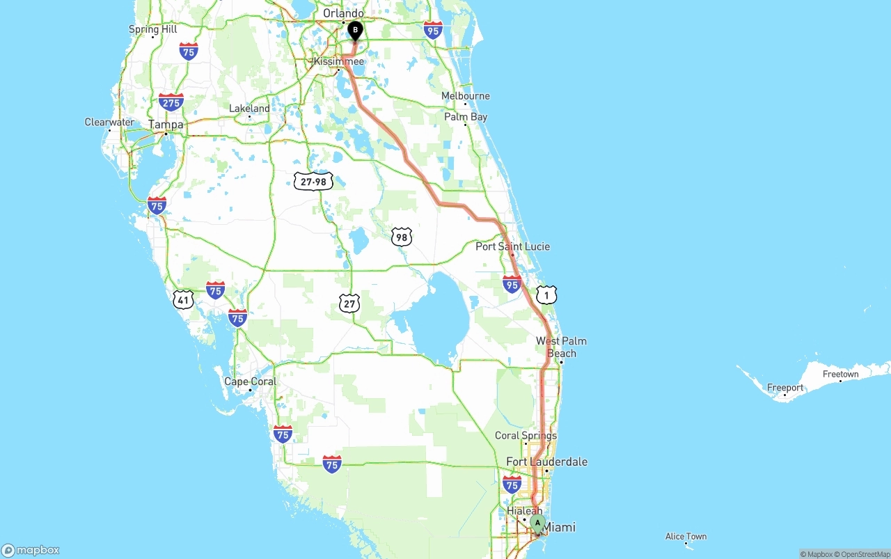 Shipping route from Miami to Orlando International Airport