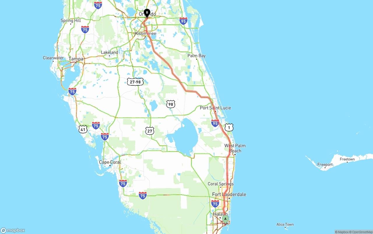 Shipping route from Miami to Orlando