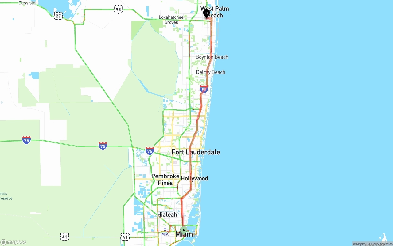 Shipping route from Miami to Palm Beach International Airport