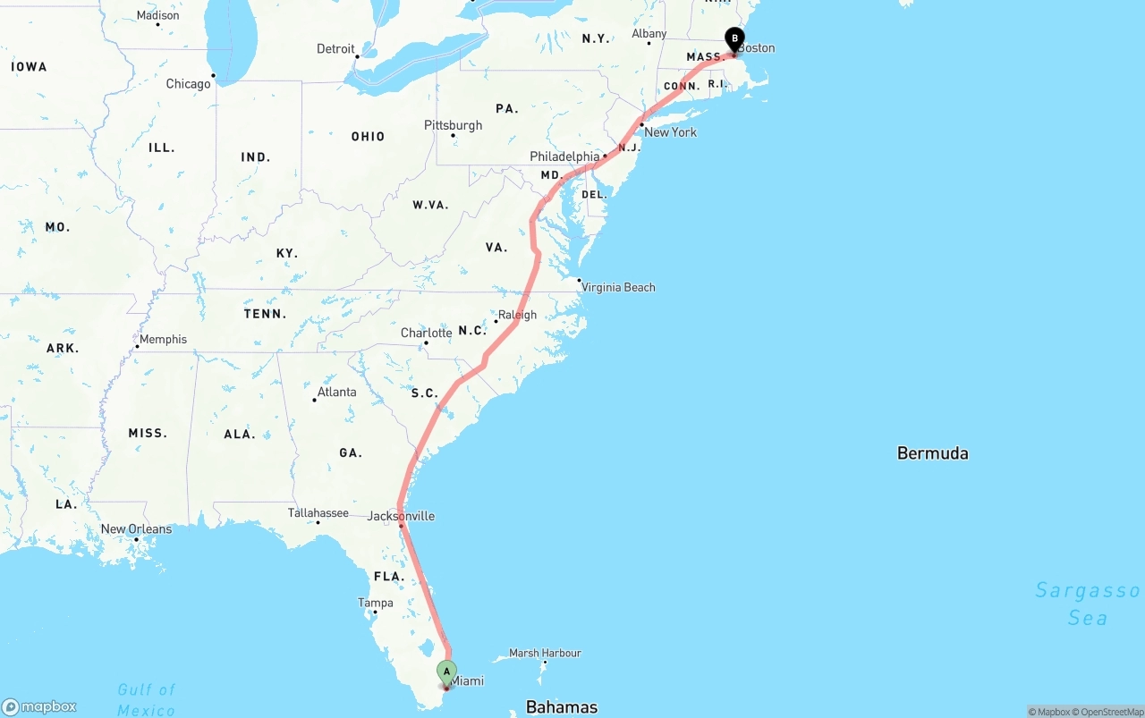 Shipping route from Miami to Port of Boston