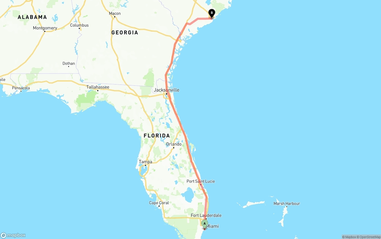 Shipping route from Miami to Port of Charleston