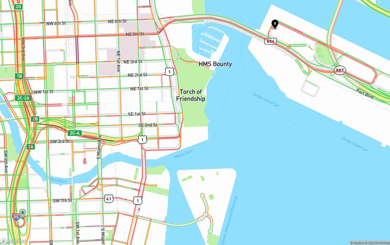 Shipping route from Miami to Port of Miami