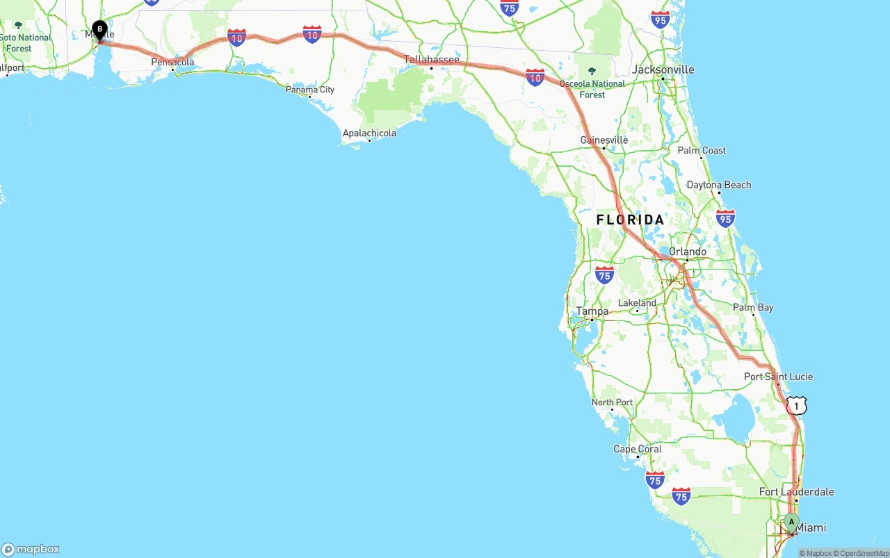 Shipping route from Miami to Port of Mobile