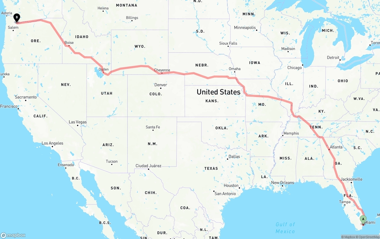 Shipping route from Miami to Portland International Airport