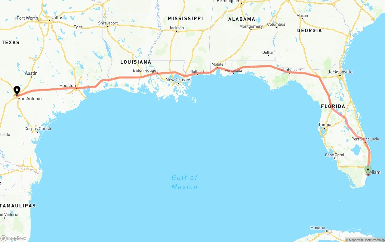 Shipping route from Miami to San Antonio