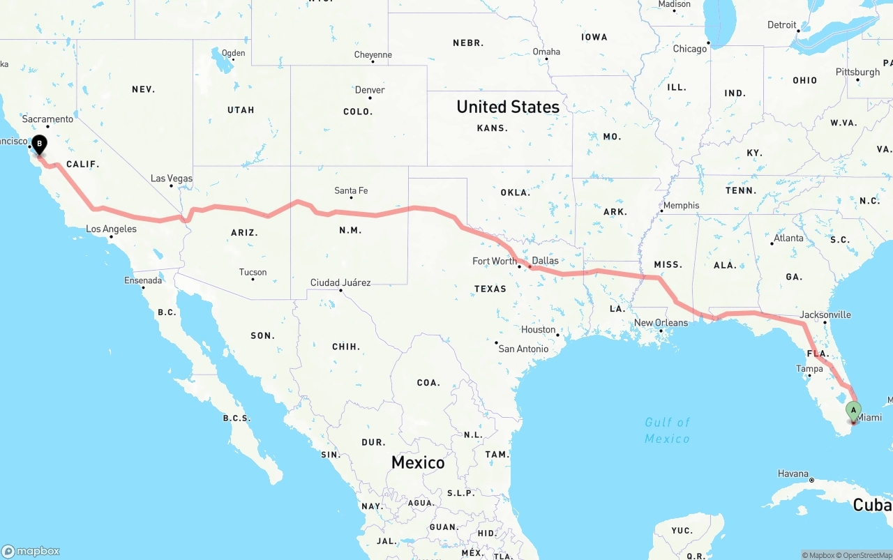 Shipping route from Miami to San Jose