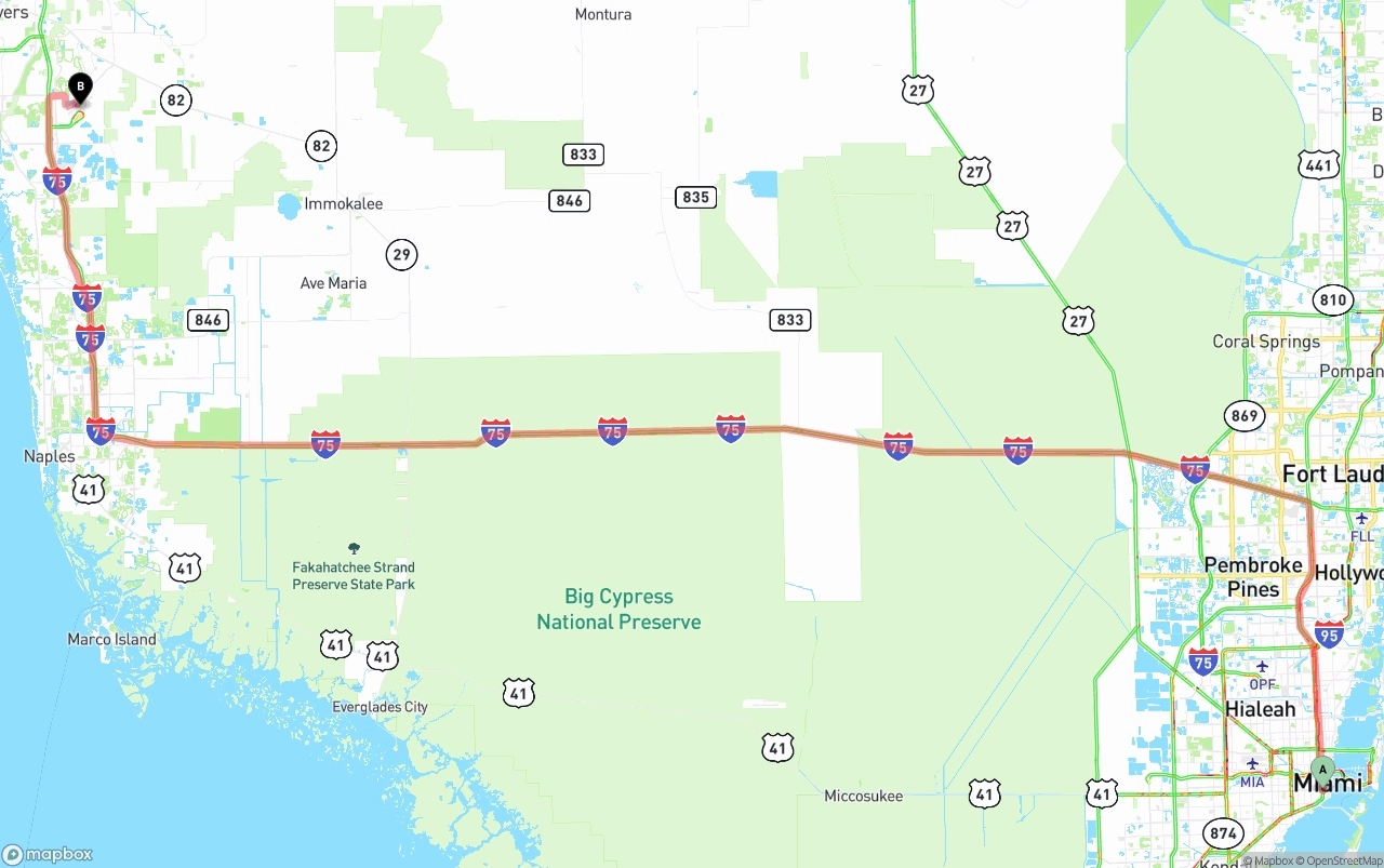 Shipping route from Miami to Southwest Florida International Airport