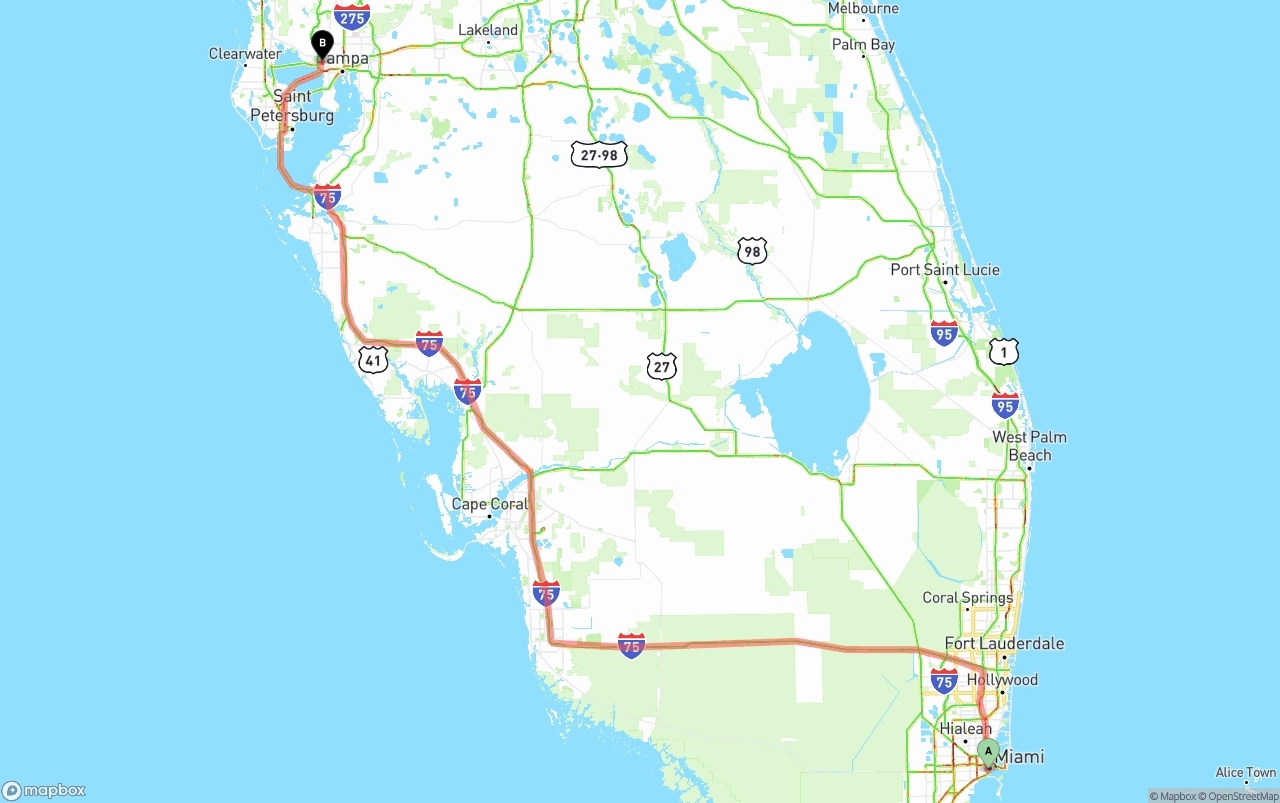 Shipping route from Miami to Tampa International Airport