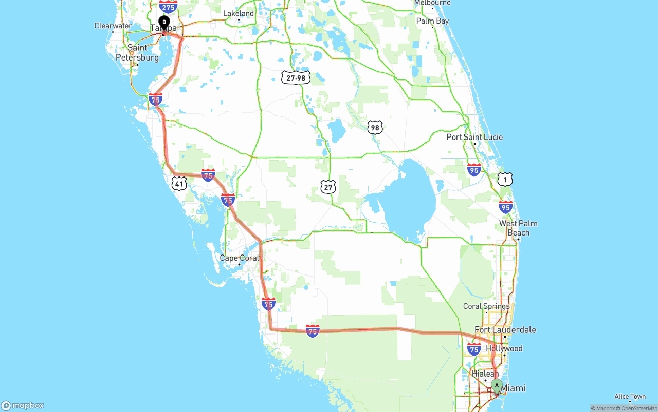 Shipping route from Miami to Tampa