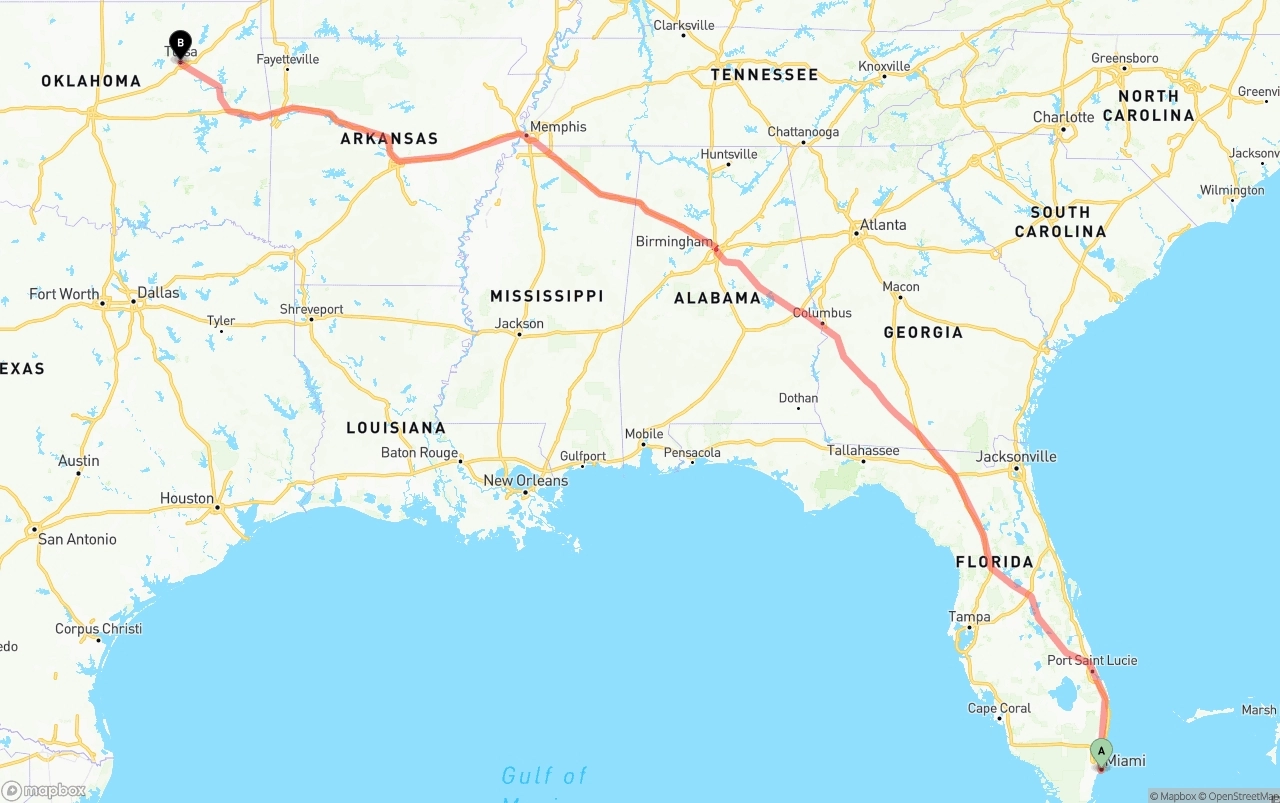 Shipping route from Miami to Tulsa