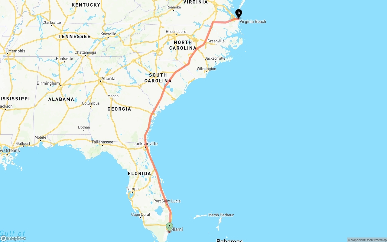 Shipping route from Miami to Virginia Beach