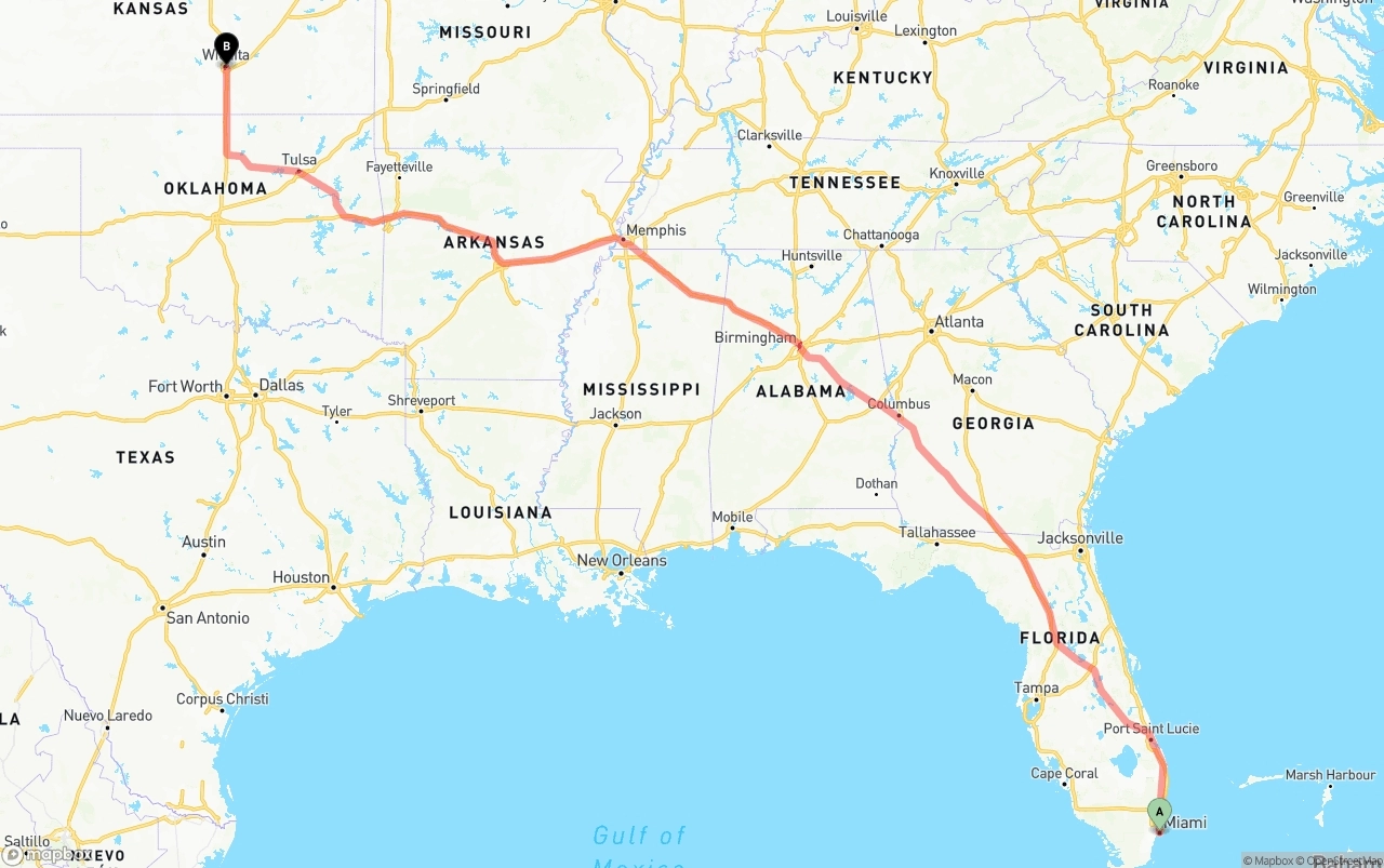Shipping route from Miami to Wichita