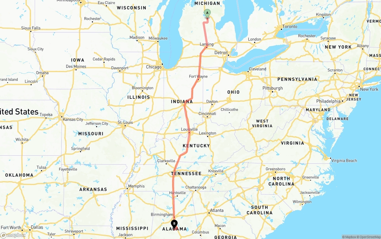 Shipping route from Michigan to Alabama