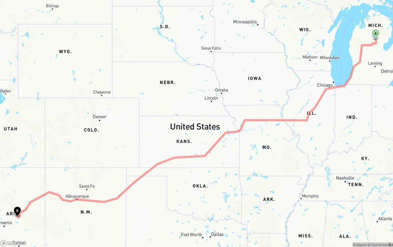 Shipping route from Michigan to Arizona