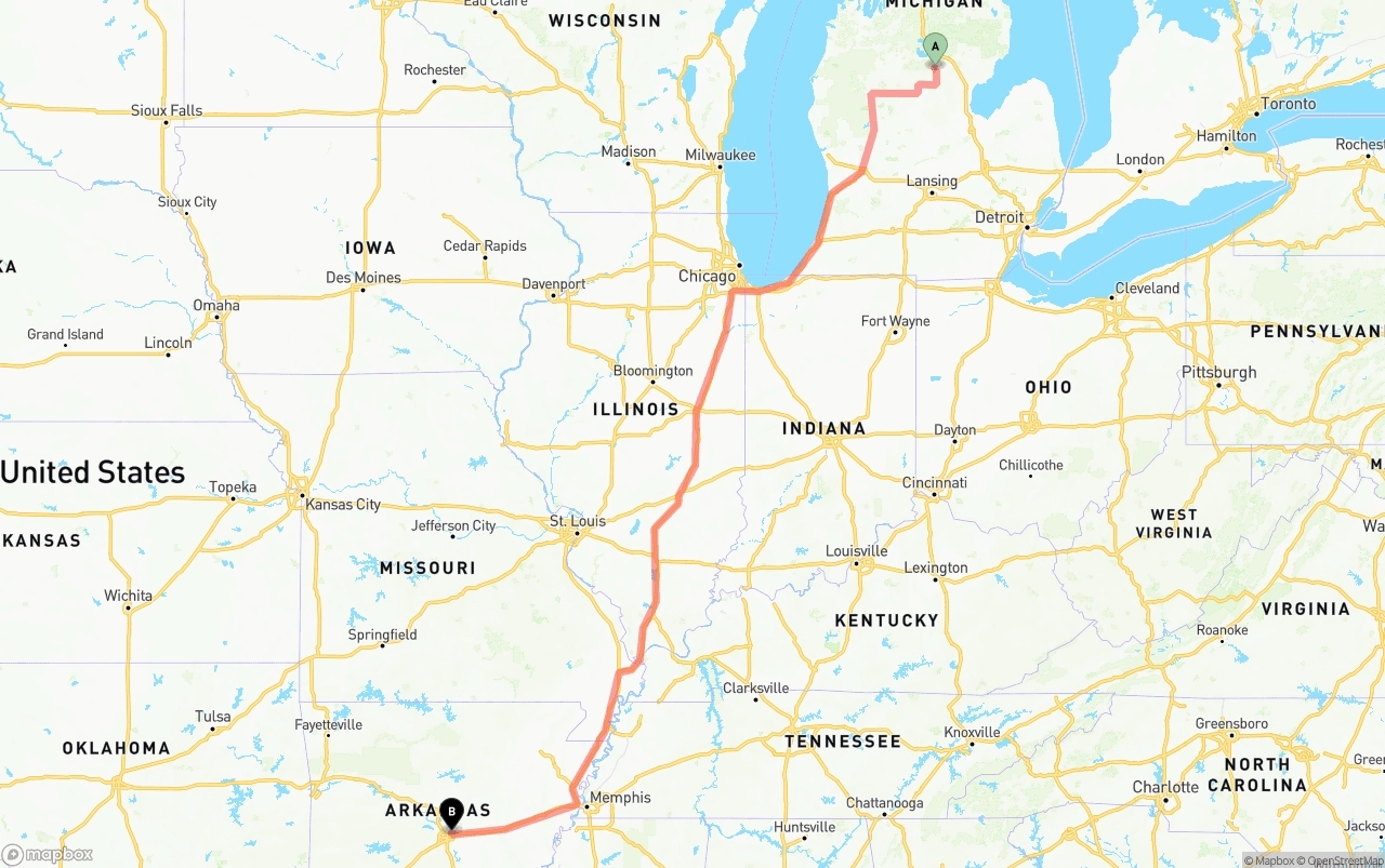 Shipping route from Michigan to Arkansas