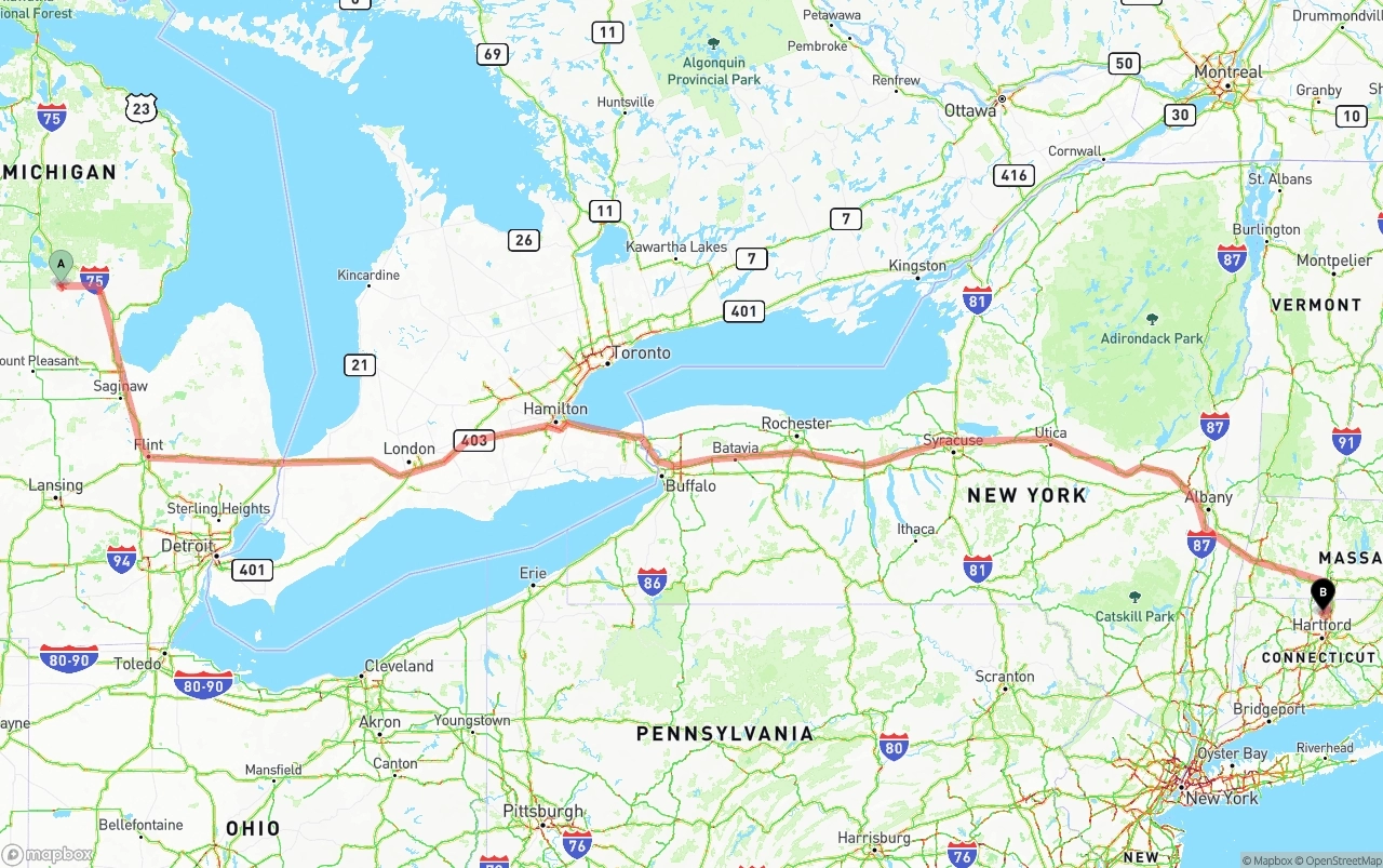 Shipping route from Michigan to Bradley International Airport