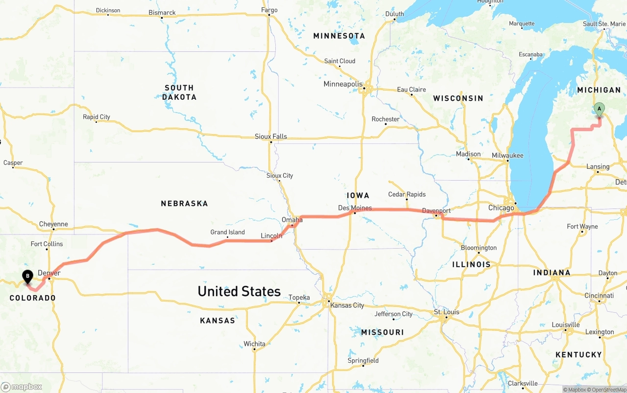 Shipping route from Michigan to Colorado