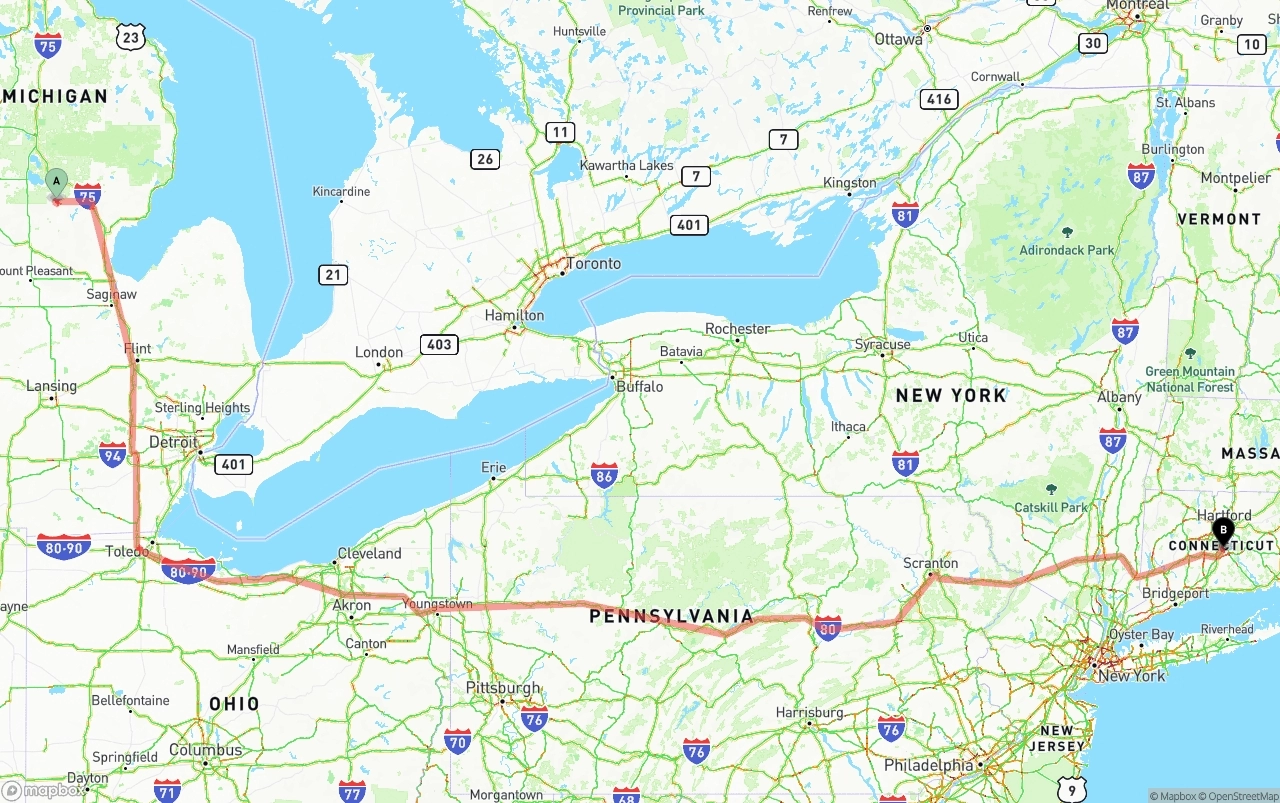 Shipping route from Michigan to Connecticut