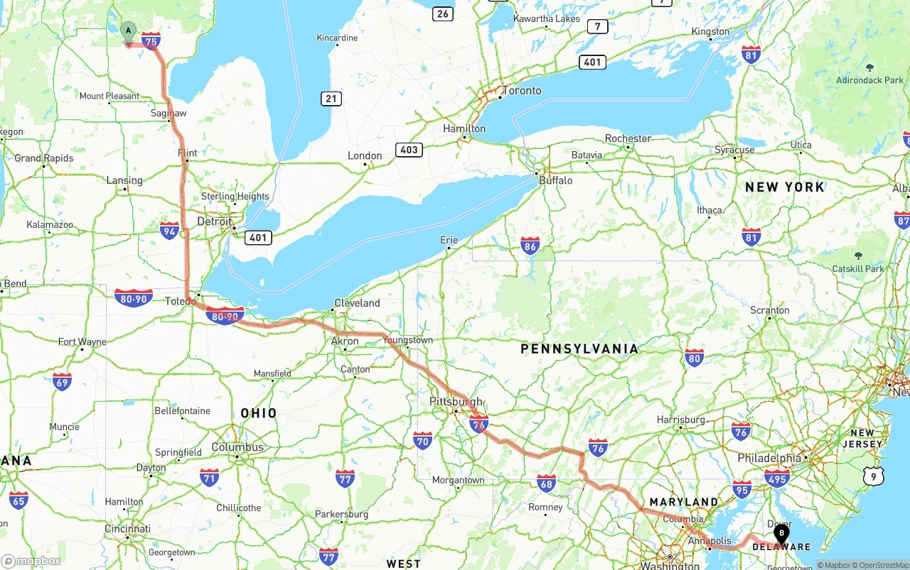 Shipping route from Michigan to Delaware