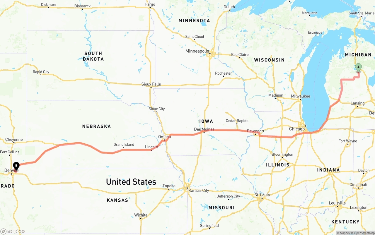Shipping route from Michigan to Denver International Airport