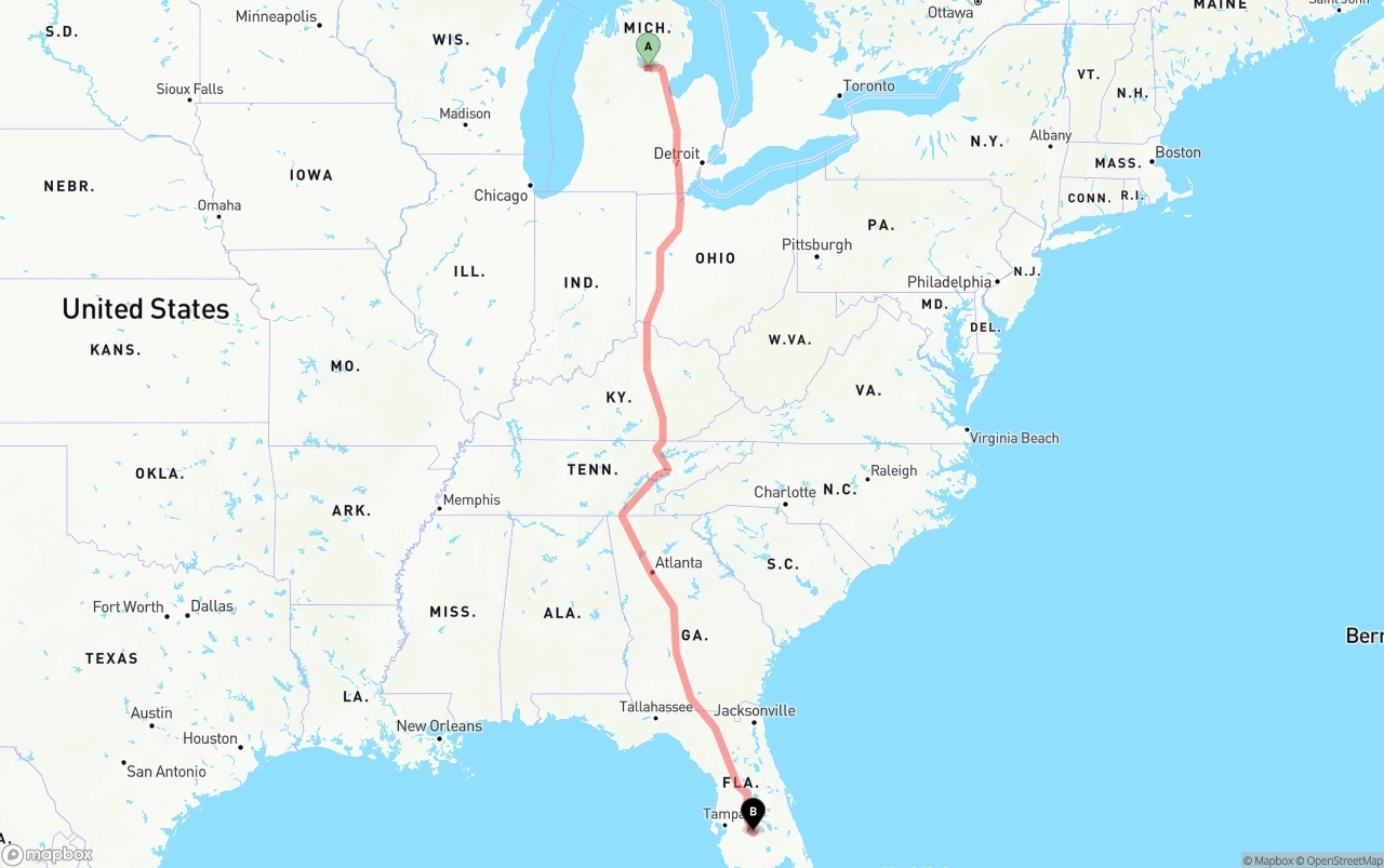 Shipping route from Michigan to Florida