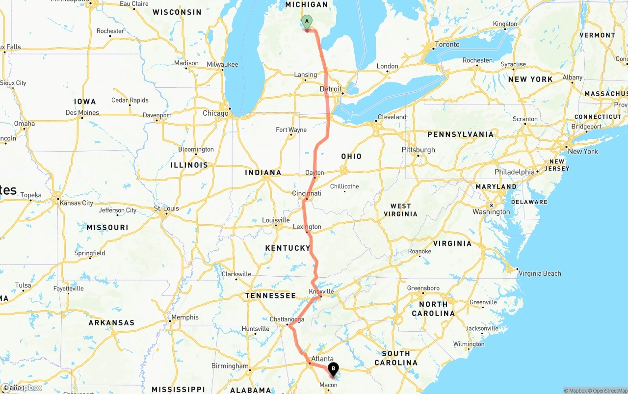 Shipping route from Michigan to Georgia