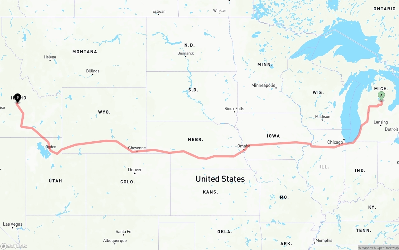 Shipping route from Michigan to Idaho