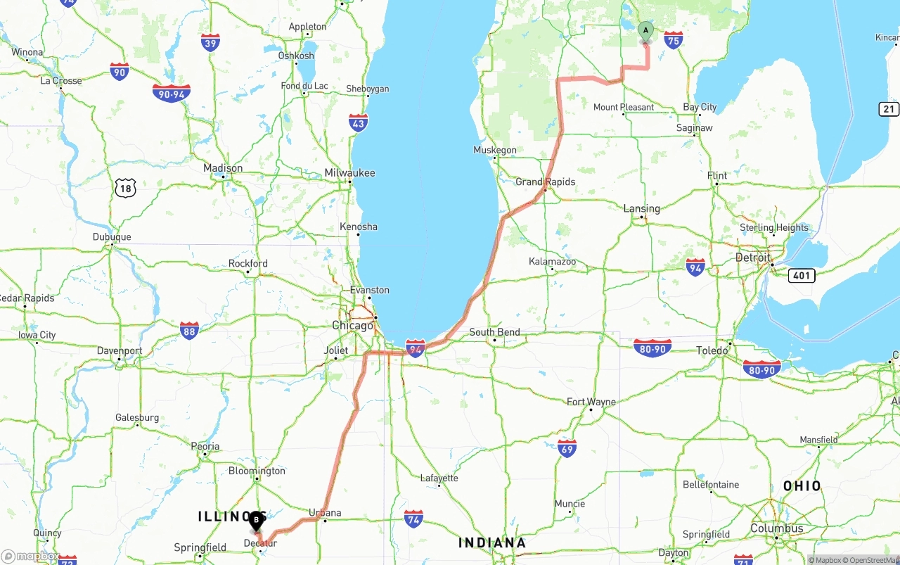 Shipping route from Michigan to Illinois