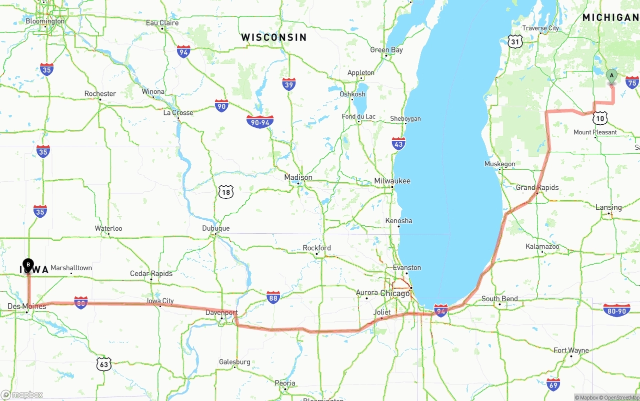 Shipping route from Michigan to Iowa
