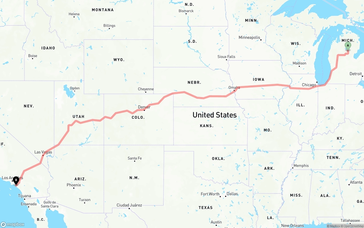 Shipping route from Michigan to John Wayne Airport — Orange County